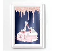 Glam Books Navy Blue, Perfume Print, Shoe Bedroom Wall Art, No Frame, Digital Glitter,Pink Silver Grey Office Picture A4 (4)