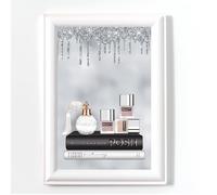 Glam Books Silver Black Perfume Makeup Print, Bedroom Wall Art, No Frame, Digital Glitter,Pink Silver Grey Office Picture A4 (3)