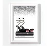 Glam Books Silver Black Perfume Print, Shoe Bedroom Wall Art, No Frame, Digital Glitter,Pink Silver Grey Office Picture A4 (2)