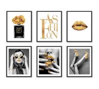Glam Gold Fashion Wall Art Prints Balck and White Wall Decor Flower Perfume Elegant Lady Gold Lips Sunglasses High Heels Posters Canvas Prints Room Bedroom Bathroom Decor (8"x10" UNFRAMED)