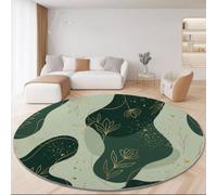 Glam Luxury Round Rug 100 cm Washable Non-Slip Carpet Area Mat | Circle Rug in Green with Gold Thread Branch Leaf Motif Anti-skid Base, Ideal for Children's Room Reading Nook or Lounge