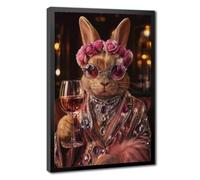 Glam Pink Bunny Wine Wall Art, Funny Fashion Rabbit Rose Canvas Printed Posters, Whimsical Artwork for Dining Room Bar Cart Living Room Home Decor Black Frame 12x18in