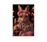 Glam Pink Bunny Wine Wall Art, Funny Fashion Rabbit Rose Canvas Printed Posters, Whimsical Artwork for Dining Room Bar Cart Living Room Home Decor 12x18inch