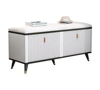 Glam Upholstered Storage Bench with 2 Tipping Buckets Padded Entryway Shoe Bench Metal Legs Stylish Hallway Furniture Black & Gold Accent 47.5" L x 9.5" W x 19.5" H