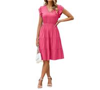 Glamaker Floral Tiered Midi Sundress Casual Summer V Neck Flutter Sleeve Striped Sun Dress with Pockets, Hot Pink, L