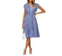 Glamaker Floral Tiered Midi Sundress Casual Summer V Neck Flutter Sleeve Striped Sun Dress with Pockets, B-blue Floral, L