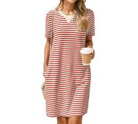 Glamaker Summer Dresses for Women 2025 Casual Striped Tshirt Dress Short Sleeve Knee Length Dress with Pockets, Red Stripe, M