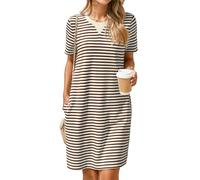 Glamaker Summer Dresses for Women 2025 Casual Striped Tshirt Dress Short Sleeve Knee Length Dress with Pockets, Brown Stripe, M