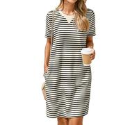 Glamaker Women Summer Tshirt Shift Dress Casual Striped Short Sleeve Crew Neck Knee Length Comfy Dress with Pockets, Black Stripe, M