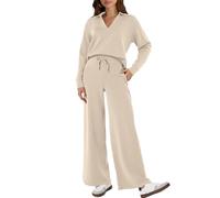 Glamaker Women's 2 Piece Sets Outfits Oversized Sweatsuits Long Sleeve Polo Top and Wide Leg Pants Matching Sets, Light Khaki, Large
