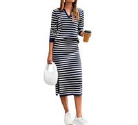 Glamaker Womens 2 Piece Skirt Sets Striped Sweater Dress Casual Polo Neck Knit Long Sleeve Midi Dresses Fall Fashion Outfits, Striped Navy White, Large