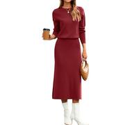 Glamaker Womens Fall 2 Piece Sweater Set Long Sleeve Ribbed Knit Midi Skirt Sets Casual Crewneck Winter Outfits, Wine Red, XL