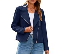 Glamaker Womens Faux Leather Jacket Suede Long Sleeve Casual Cropped Zipper Biker Moto Jackets Fall Winter Outfits, Navy Blue, Medium