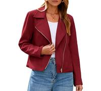 Glamaker Womens Faux Suede Jackets Long Sleeve Casual Cropped Zipper Biker Moto Jacket Fall Winter Outfits, Wine Red, Large