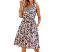 Glamaker Womens Mini Dresses Sleeveless V Neck Tiered Swing Going Out Beach Vacation Sundress 2026 Summer Casual Dress, Brown Floral, M