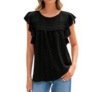 Glamaker Womens Summer Casual Blouses Dressy Flutter Sleeve Tops Boho Spring Crew Neck Holidy Cute Work Shirts 2025 Trendy, Black, S