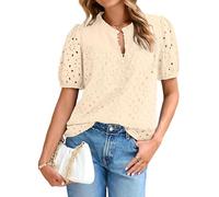 Glamaker Womens Summer Tops Blouse 2025 Casual Eyelet Embroidered Short Puff Sleeve Lace Hollow Out Button Dressy Shirts