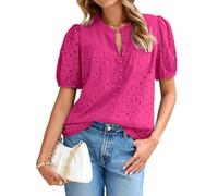 Glamaker Womens Summer Tops Blouse 2025 Casual Eyelet Embroidered Short Puff Sleeve Lace Hollow Out Button Dressy Shirts, Rose Red, S