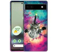 GlamCase for Google Pixel 6A 5G, Pixel 6A Case - Hipster Flying Cat Space Galaxy Design Printed Slim & Sleek Cute Plastic Protective Designer Back Phone Case/Cover for Google Pixel 6A 5G