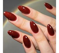GLAMERMAID Cherry Red Press on Nails Medium Almond, Handmade Jelly Soft Gel Dark Red Glue on Nails Stiletto, Burgundy Emo Fake Nails Short Oval, Reusable Acrylic Stick on False Nails Kit for Women