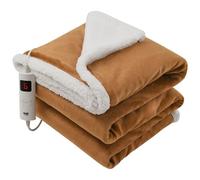 GlamHaus Luxury Electric Heated Throw, Large Reversible Fleece Over Blanket for Sofa or Bed, 160 x 130cm, Heat And Timer Setting, Auto Shut Off, Digital Controller, Machine Washable (Brown)