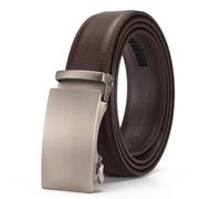 Glamicci Men's Leather Ratchet Belt-Adjustable Auto Buckle | for Casual, Jeans, Business,Suits, Work-width 3.5cm 1 3/8 inch (Brown StrapType-02| Buckle-105, M:Up to 38” Waist Adjustable(115cm))