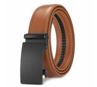 Glamicci Men's Leather Ratchet Belt-Adjustable Auto Buckle | for Casual, Jeans, Business,Suits, Work-width 3.5cm 1 3/8 inch (SandColour StrapType-02| Buckle-52, L:Up to 40”Waist Adjustable(125cm))