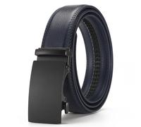 Glamicci Men's Leather Ratchet Belt-Adjustable Auto Buckle | for Casual, Jeans, Business,Suits, Work-width 3.5cm 1 3/8 inch (Blue StrapType-02| Buckle-52, L:Up to 40”Waist Adjustable(125cm))