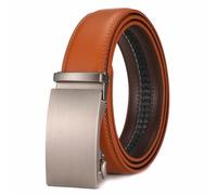 Glamicci Men's Leather Ratchet Belt-Adjustable Auto Buckle | for Casual, Jeans, Business,Suits, Work-width 3.5cm 1 3/8 inch (EarthyYellow StrapType-02| Buckle-105, L:Up to 40”Waist Adjustable(125cm))