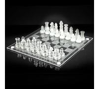 Glamified Glam 25cm Glass Chess Game Set, Frosted Chess Board Set Large Glass Chess Pieces with Padded Bottom, Crystal Chess Board Adults Play Set 25cm