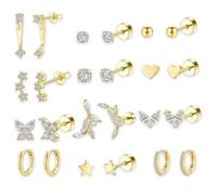 Glamifyr Women's Gold Earrings, Waterproof Gold, Medical Stud Earrings, Huggie Stud Earrings with Cubic Zirconia, Hypoallergenic, Waterproof, Suitable as a Gift for Wife, Friends and Colleagues, Pack