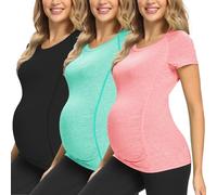 GLAMIX Women's Maternity Active Tops Short Sleeve Yoga Shirts Workout Athletic Pregnancy Clothes, 3-pack Black / Aqua / Coral, XL
