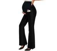 GLAMIX Women's Stretch Maternity Bootcut Jeans with Pockets Over The Belly Bell Bottoms Flare Denim Pants Pregnancy Clothes, Solid Black, M