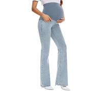 GLAMIX Women's Stretch Maternity Bootcut Jeans with Pockets Over The Belly Bell Bottoms Flare Denim Pants Pregnancy Clothes, Light Blue, XXL