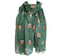 GlamLondon Women's Watercolour Robin Bird Printed Christmas Scarf (Green)(Size: L)