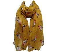GlamLondon Women's Watercolour Robin Bird Printed Christmas Scarf (Mustard)