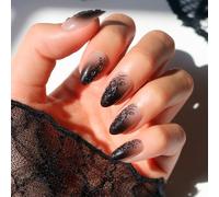 Glamnetic Halloween Press On Nails, Medium Almond Glossy, Til Death | Halloween & Fall black lace press on nails: Til Death. Full nail kit. Glue on nails with lace nail art. Fake nails.