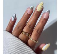 Glamnetic Press On Nails - Aperitivo Hour | Short Almond Fake Nails in Bright Orange with Olives, Lemons & Ceramic Designs, Salon Quality, Summer Nails | 15 Sizes - 30 Nail Kit with Glue