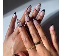 Glamnetic Press On Nails - Butterfly Effect | Short Almond Fake Nails in Nude with Black French Tips & Butterfly Design, Velvet Finish, Salon Quality | 15 Sizes - 30 Nail Kit with Glue
