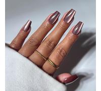 Glamnetic Press On Nails - Espresso Glow | Brown Medium Coffin Fake Nails with a Velvet Finish | Salon Quality Vacation Nails | 15 Sizes - 30 Nail Kit with Glue