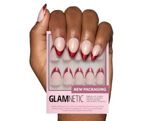 Glamnetic Press On Nails - Red Affair | Short Almond Red Glitter French Tip Nails with a Glossy Finish | 15 Sizes - 30 Nail Kit with Glue