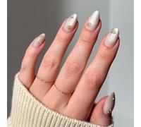 Glamnetic Press On Nails - Sanded | Short Almond Fake Nails in Nude with Velvet Tips & Gold Shell Accents, Salon Quality | 15 Sizes - 30 Nail Kit with Glue