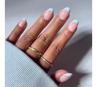 Glamnetic Press On Nails - Summer Fresco | Short Oval Fake Nails with Striped Blue French Tips & Lemon Accents | Salon Quality Summer Nails | 15 Sizes - 30 Nail Kit with Glue