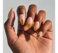 Glamnetic Press On Nails x Harry Potter™ - Helga Hufflepuff™ | Short Almond Fake Nails with Velvet Yellow French Tips & Gold Graphics, Officially Licensed | 15 Sizes - 30 Nail Kit with Glue