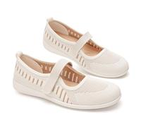 GLAMORA Mary Jane Women's Adjustable Strap Breathable Knit Flexible, Ballerinas Low Wedge Comfortable Non-Slip Shoes Lightweight Casual Summer Mary Jane Fabric, white, 8.5 UK
