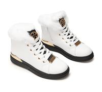 GLAMORA Warm Winter Sneaker Boots for Women - Non-slip Sneakers with Faux Fur Lining Internal Zipper Waterproof Comfortable Ankle Boots Lace Up Outdoor Shoes, Black White, 8.5 UK