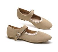GLAMORA Women's Ballet Flats with Buckle Quick Closure Flat Shoes Round Toe Mary Jane Comfortable Secure Fit Decorative Edge Stitched Footwear Spring Summer, sand, 7 UK