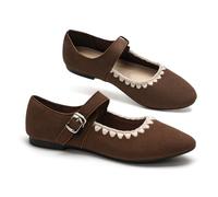 GLAMORA Women's Ballet Flats with Buckle Quick Closure Flat Shoes Round Toe Mary Jane Comfortable Secure Fit Decorative Edge Stitched Footwear Spring Summer, dark brown, 4 UK