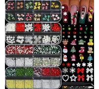 Glamoreal Christmas Nail Charms Kit, 3D Bow, Pearls & Rhinestones | Christmas nail charms kit, 4 boxes 3D charms, rhinestones, pearls, caviar beads, with tweezers included