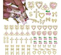 Glamorous 80 Count Nail Art Jewels Kit, Gold Alloy & Pink Diamond Charms for Nails, Unique Designs: Crowns, Hearts, Crosses, Cherries, Butterflies, Guns & Dollar Signs, Press On Nail Accessories